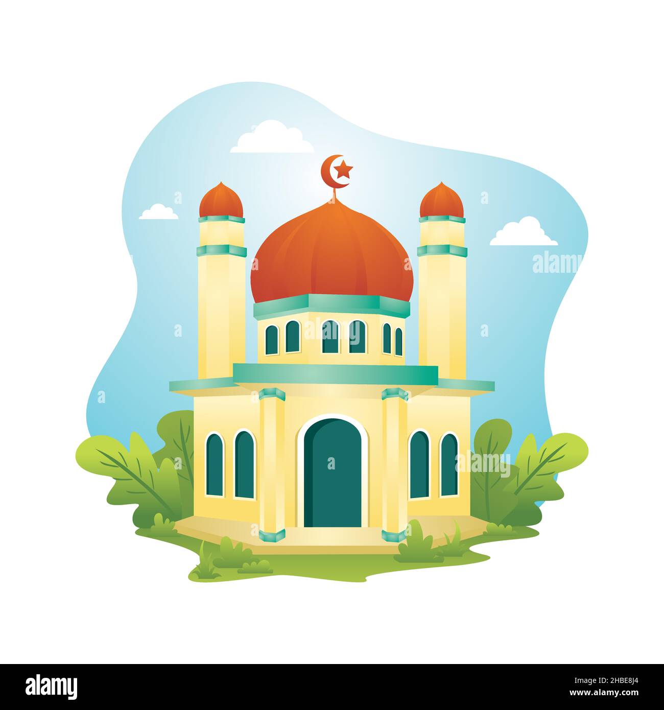 Mosque building with floral element, Ramadan Mubarak flat design illustration Stock Vector