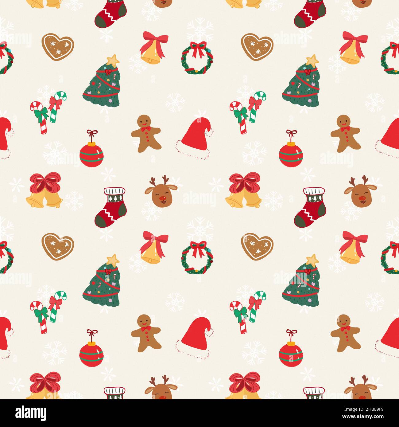 Seamless pattern design with hand-drawn Christmas cute elements