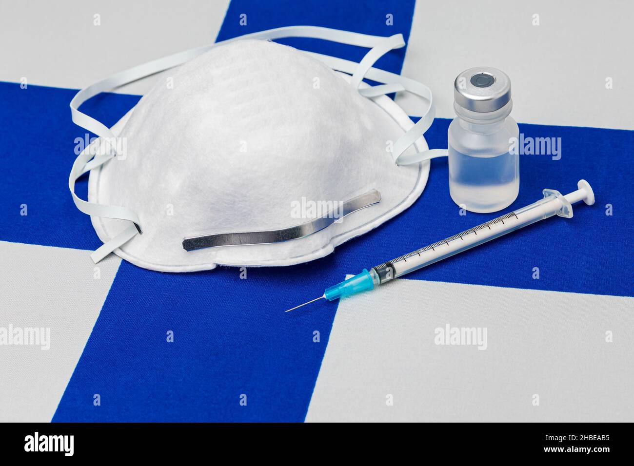 Finland flag, n95 face mask, needle syringe and vial. Concept of Covid-19 coronavirus vaccine distribution, supply shortage and healthcare crisis Stock Photo