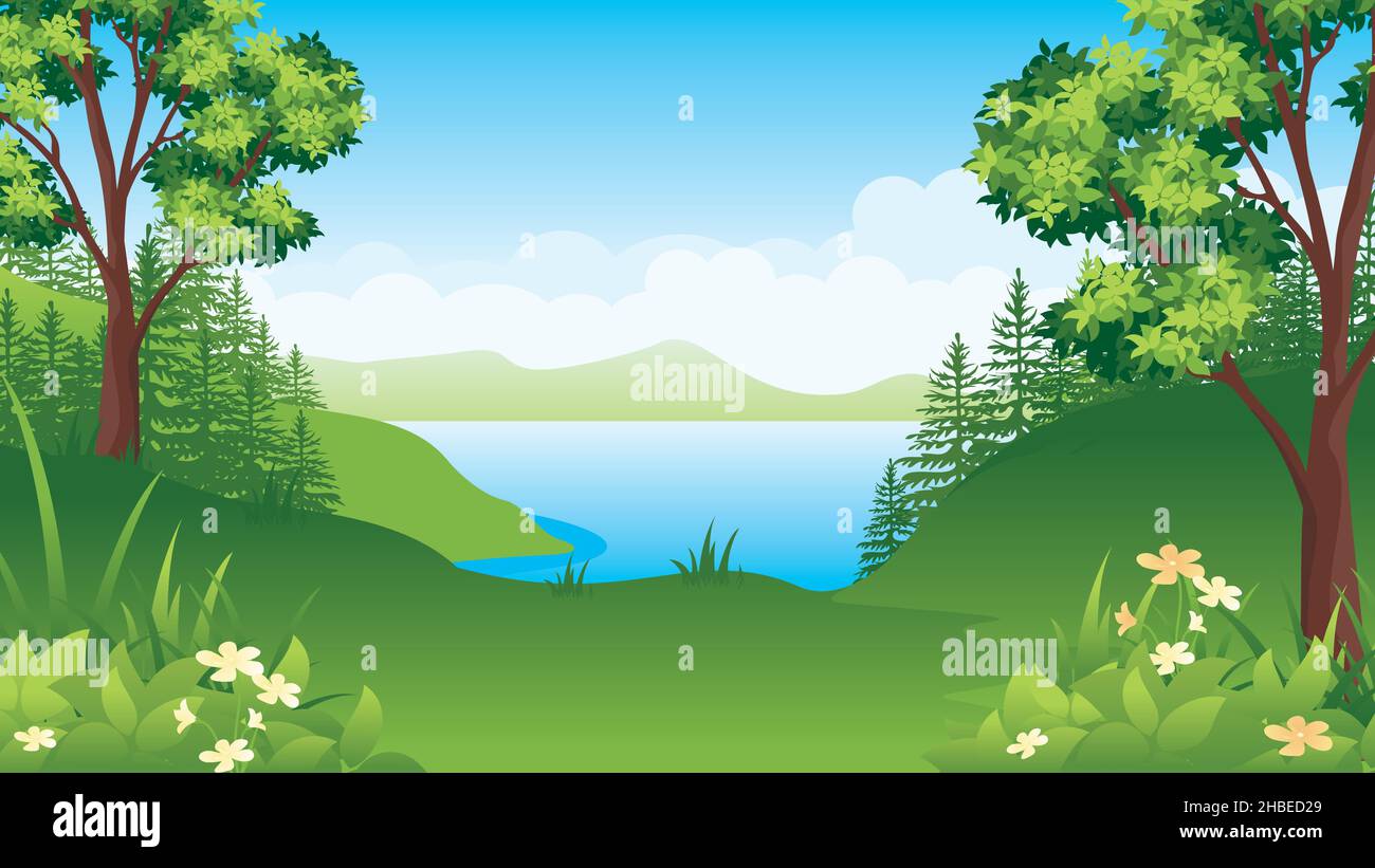 Beautiful nature landscape with lake, Cartoon countryside landscape with mountains, meadows, and fields. Stock Vector