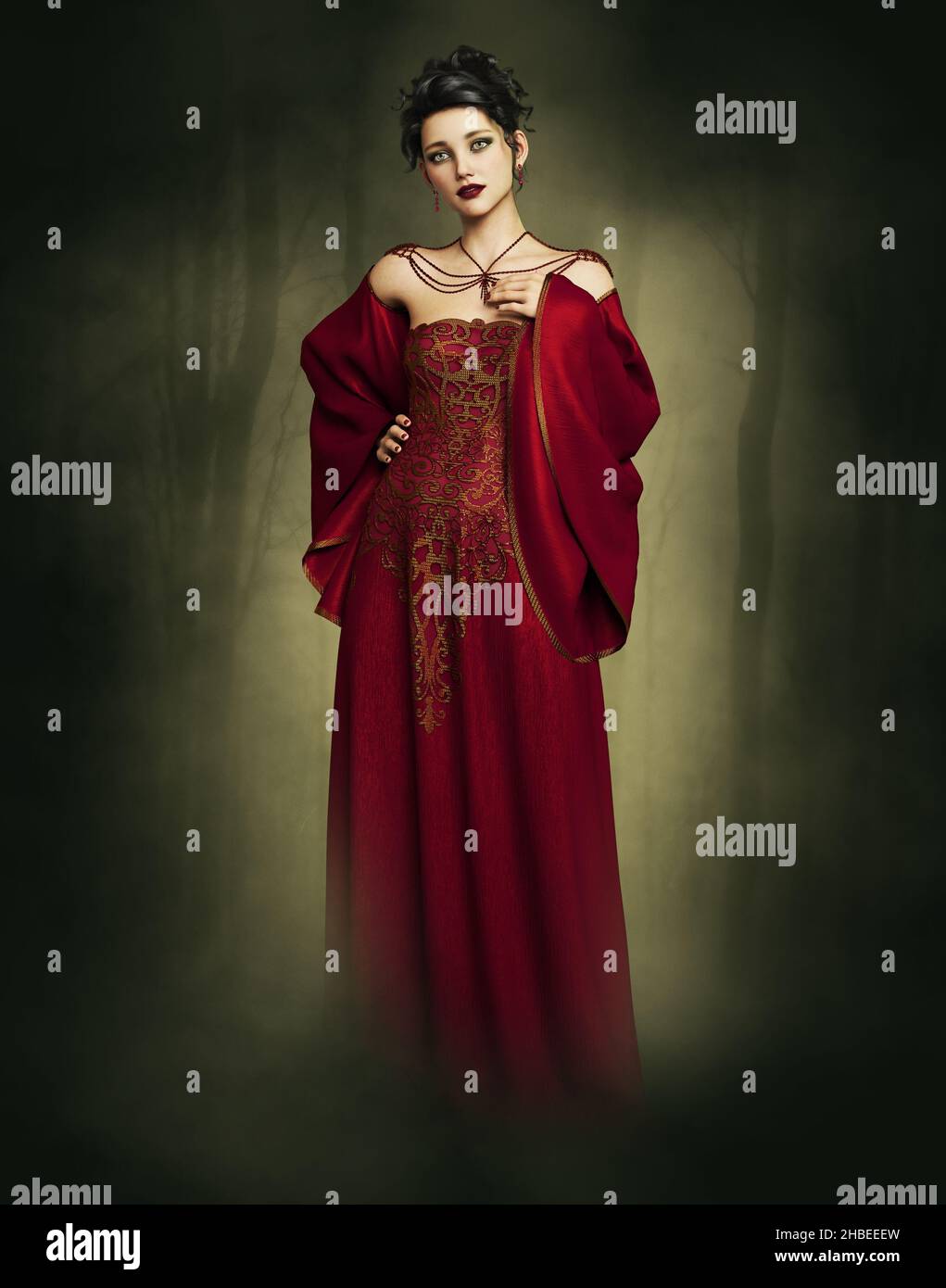 3d computer graphics of a woman with red evening gown and shoulder jewelry Stock Photo