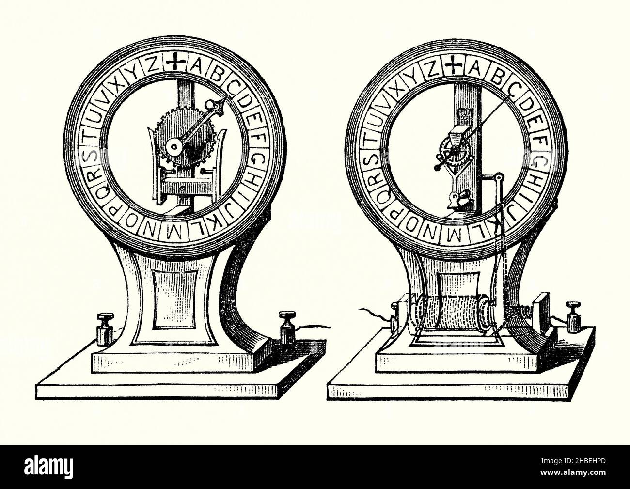 An old engraving of Gustave Froment’s alphabetical telegraph dials of 1850. It is from a book of the 1890s on discoveries and inventions during the 1800s. Paul Gustave Alexandre Froment (1815–1865) was a highly-skilled manufacturer of precision engineered apparatus. His Alphabetic Telegraph improved on Wheatstone's galvanic dial instrument. The instrument (on the left) is the sending device where an operator turns the clockwork hand to the desired letter, and subsequent words, to send – this is transmitted by battery power to the electro-magnetic receiver (right). Stock Photo