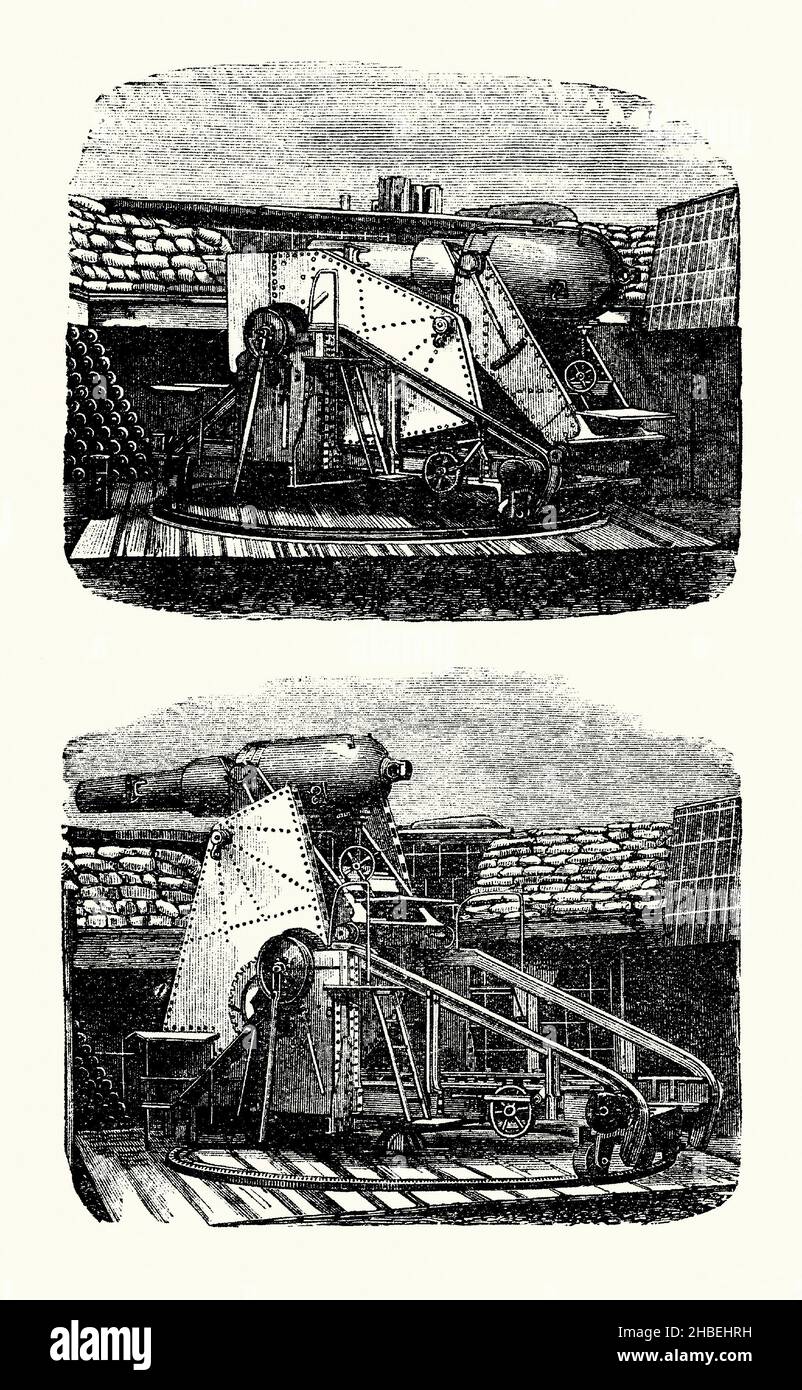 An old engraving of Moncrieff’s disappearing or invisible gun c. 1870. It is from a Victorian book of the 1890s on discoveries and inventions during the 1800s. A disappearing gun, a gun mounted on a disappearing carriage, is an piece of artillery hidden from view when not firing. British Army Captain (later Colonel Sir) Alexander Moncrieff (1929–1906) improved on existing designs for a gun carriage capable of rising over a parapet before being reloaded from behind cover. His key innovation was a practical counterweight system that raised the gun as well as controlled the recoil. Stock Photo