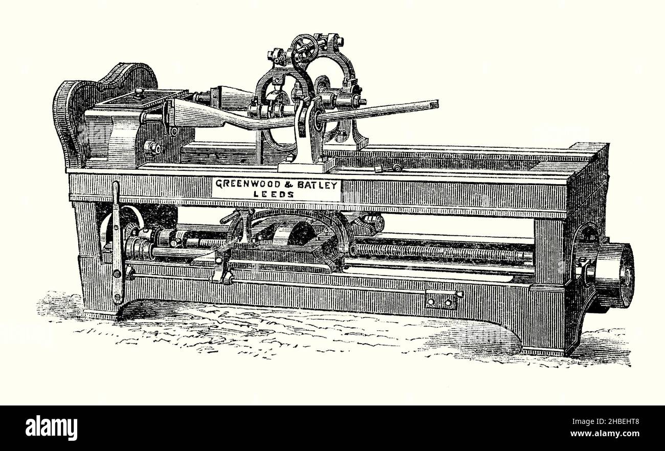An old engraving of Blanchard’s lathe of 1822. It is from a Victorian book of the 1890s on discoveries and inventions during the 1800s. Thomas Blanchard (1788–1864) was an American inventor who lived most of his life in Springfield, Massachusetts, USA where in 1819, he pioneered the assembly line for mass production in America, and also invented the first machining lathe for interchangeable parts. Blanchard worked, for much of his career, with the Springfield Armory. Blanchard invented a machine tool that streamlined the manufacture of gun barrels. The machine turned and finished gun barrels i Stock Photo