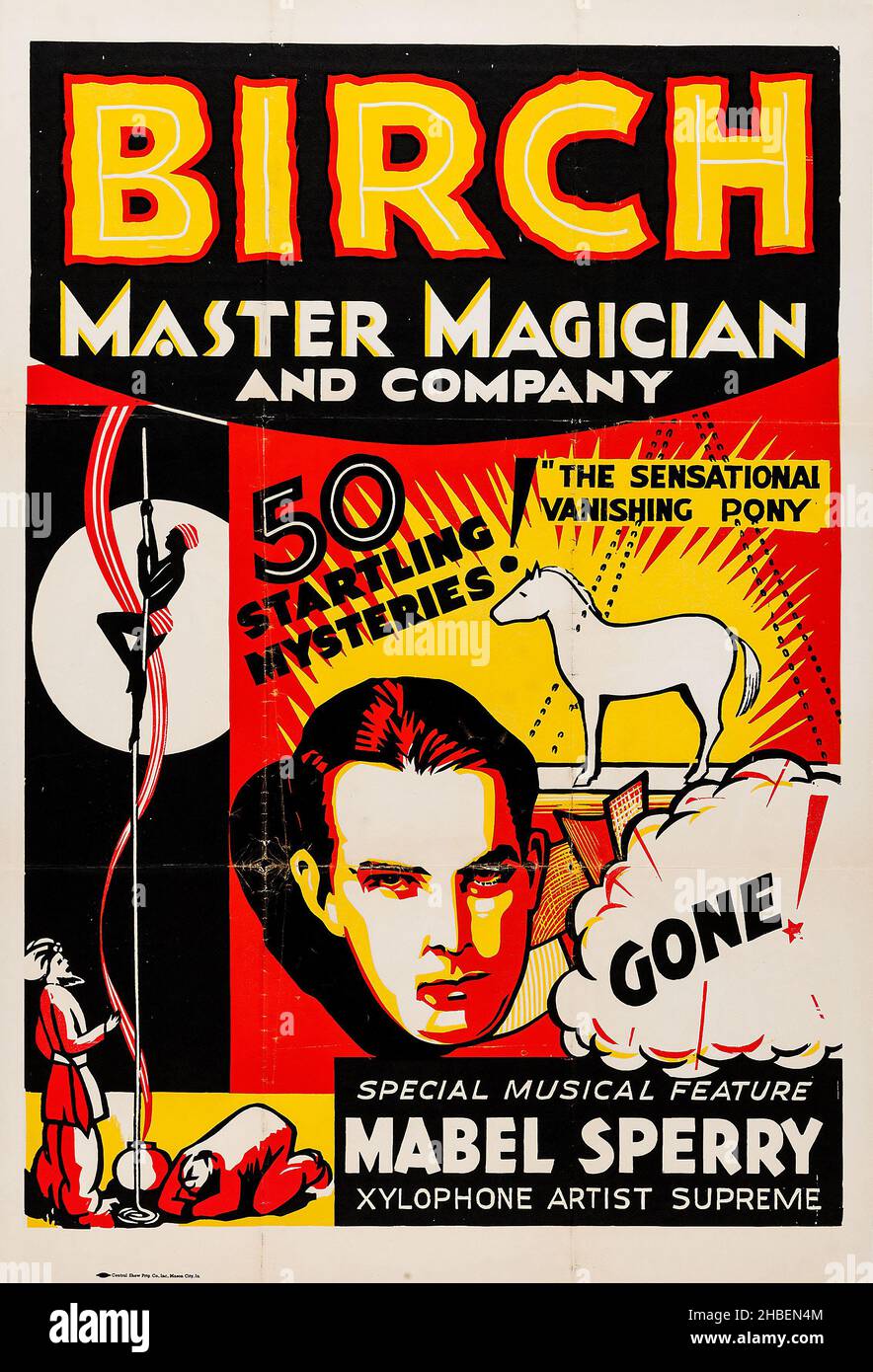 MacDonald Birch Magic Poster (Central Show Printing Co. Inc., 1930s). Poster - Master Magician and Company - 50 startling mysteries! Vanishing pony. Stock Photo