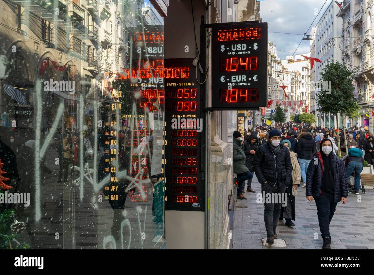 View from the exchange offices in the days of the economic crisis on New Year's Eve in Taksim, Istanbul, Turkey on December 19, 2021. Stock Photo