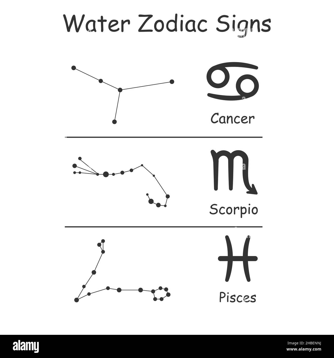 Zodiac water elements vector constellation signs isolated on white