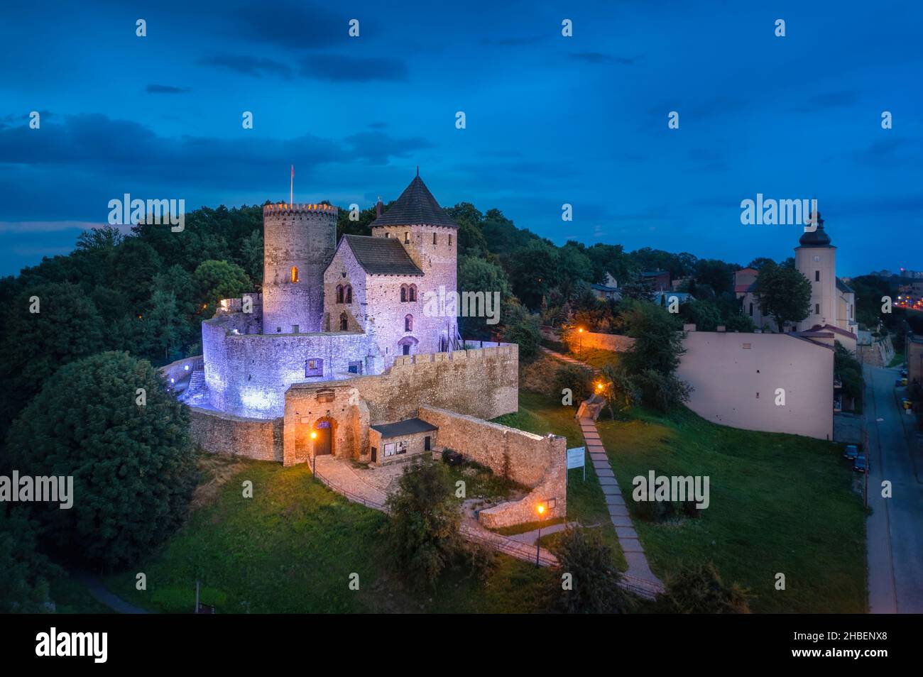 Aerial view of medieval castle at dusk in Bedzin, Poland Stock Photo