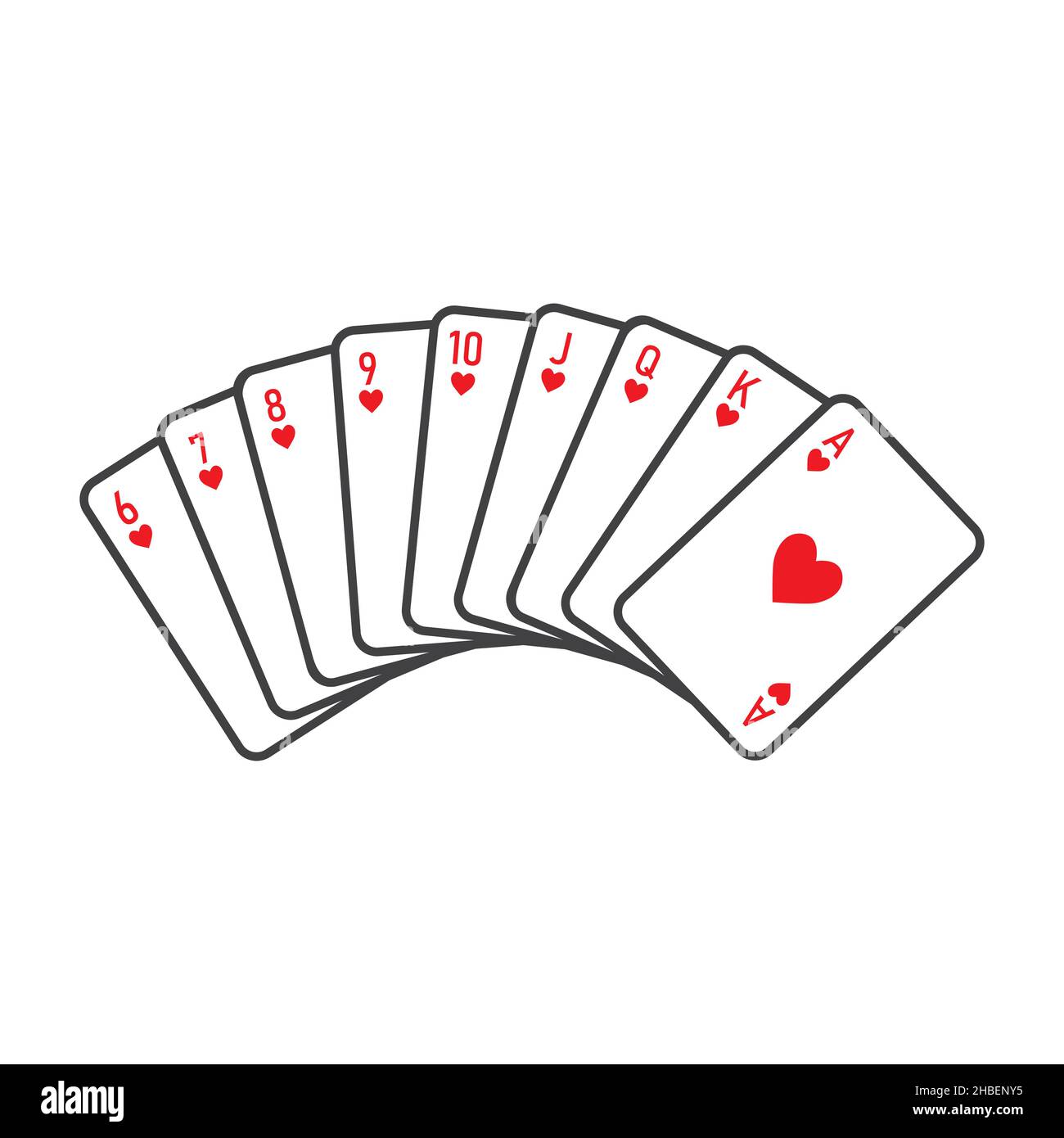 Playing poker cards flush of hearts from six to ace suit vector set