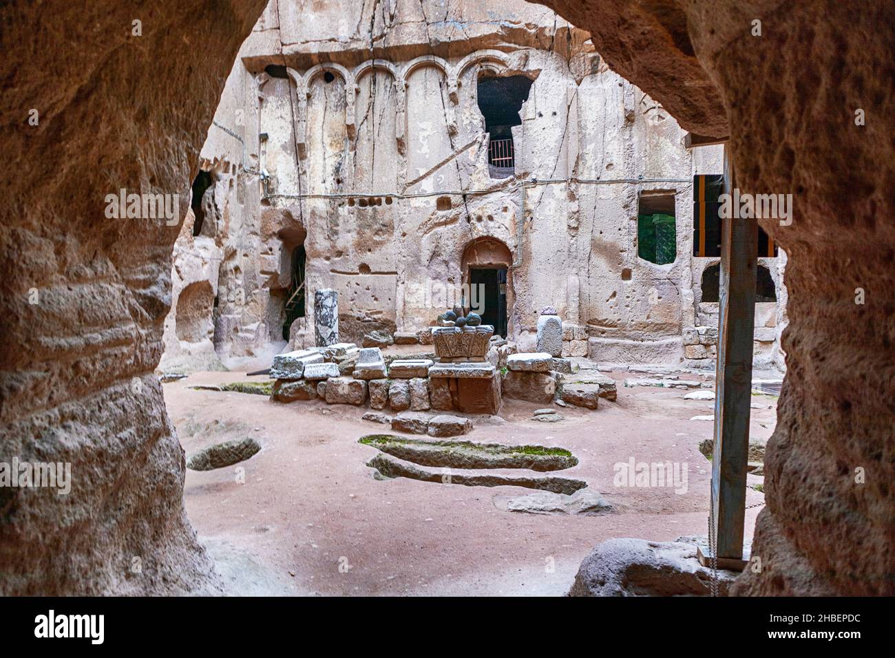 Gumusler Monastery and underground cave city in Nigde, Turkey. Unesco World Heritage site in Central Anatolia, Cappadocia region. Stock Photo