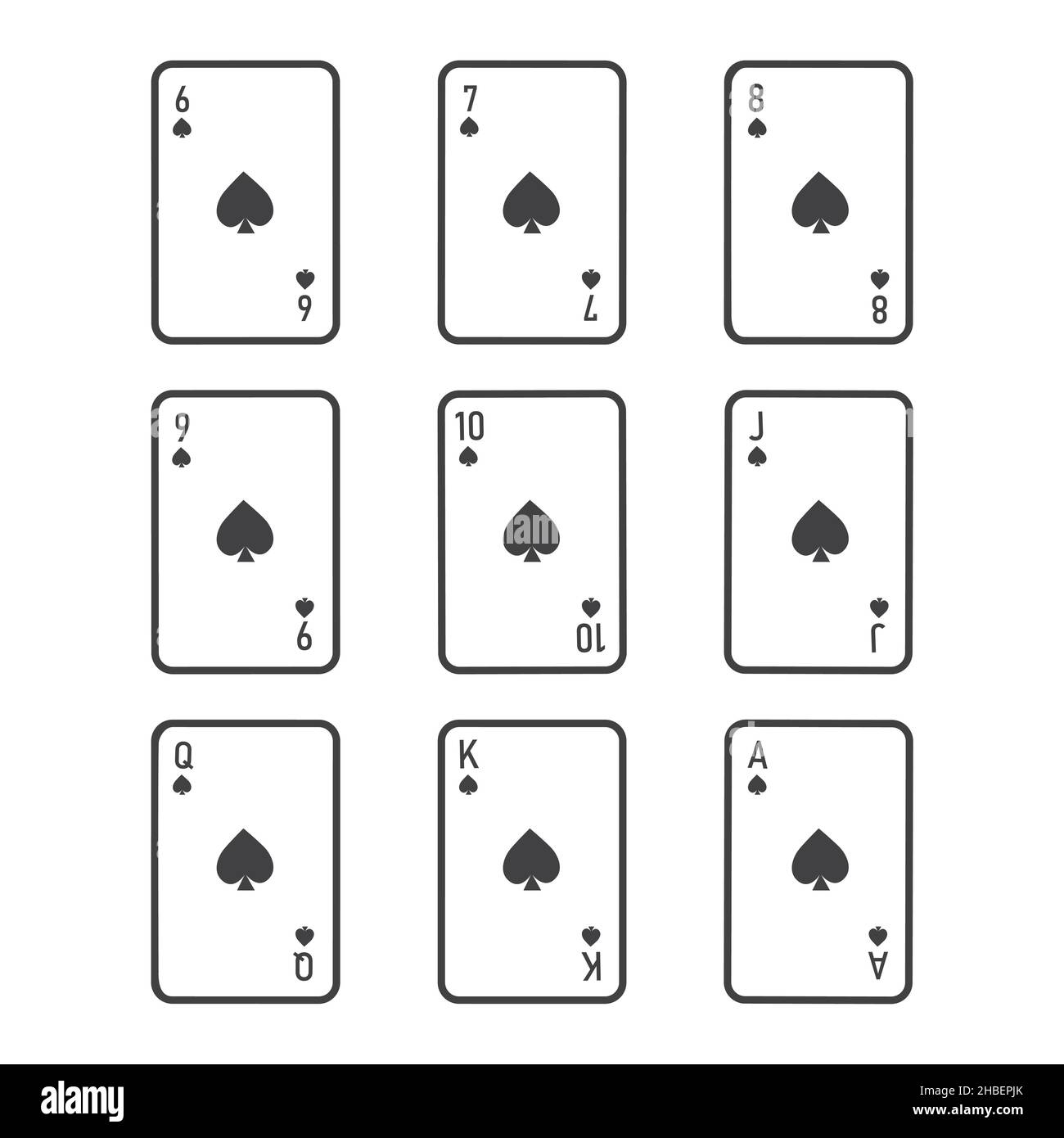 Playing poker cards spades from six to ace suit vector set Stock Vector
