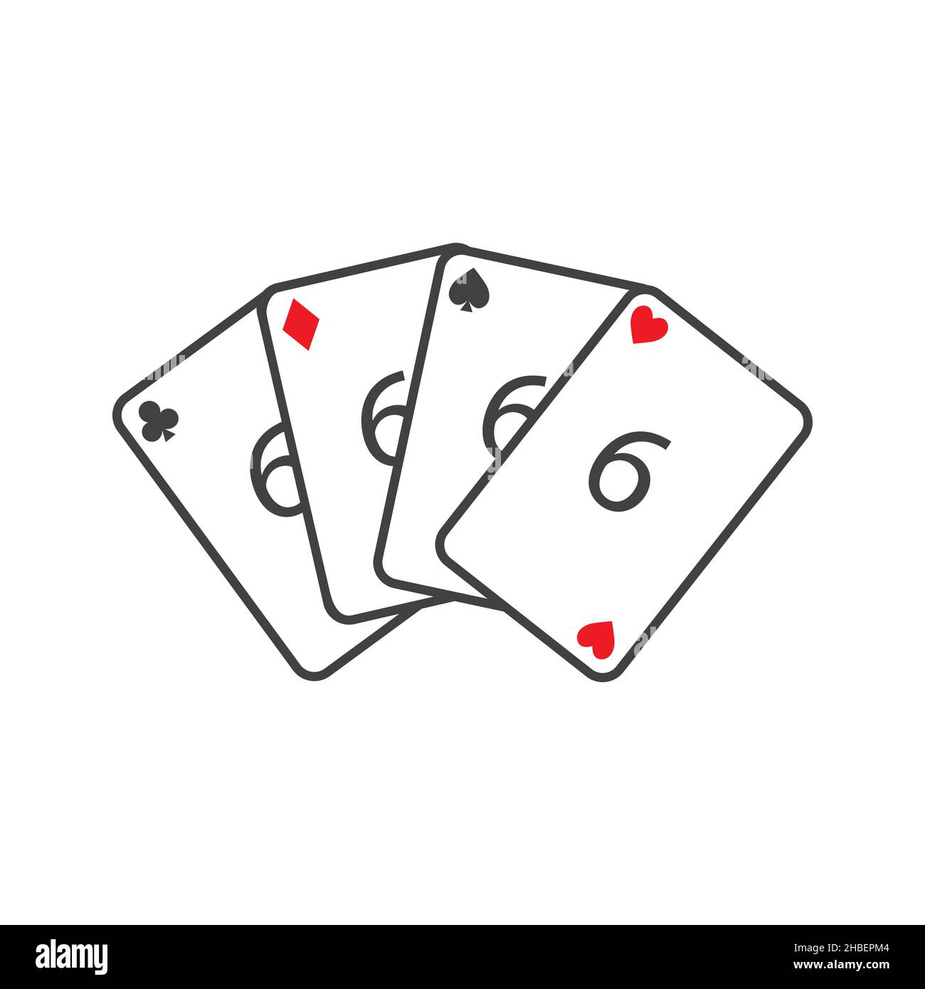 Four Playing Cards on White Background Showing Sixes - Hearts, Clubs, Spades and Diamonds vector Stock Vector