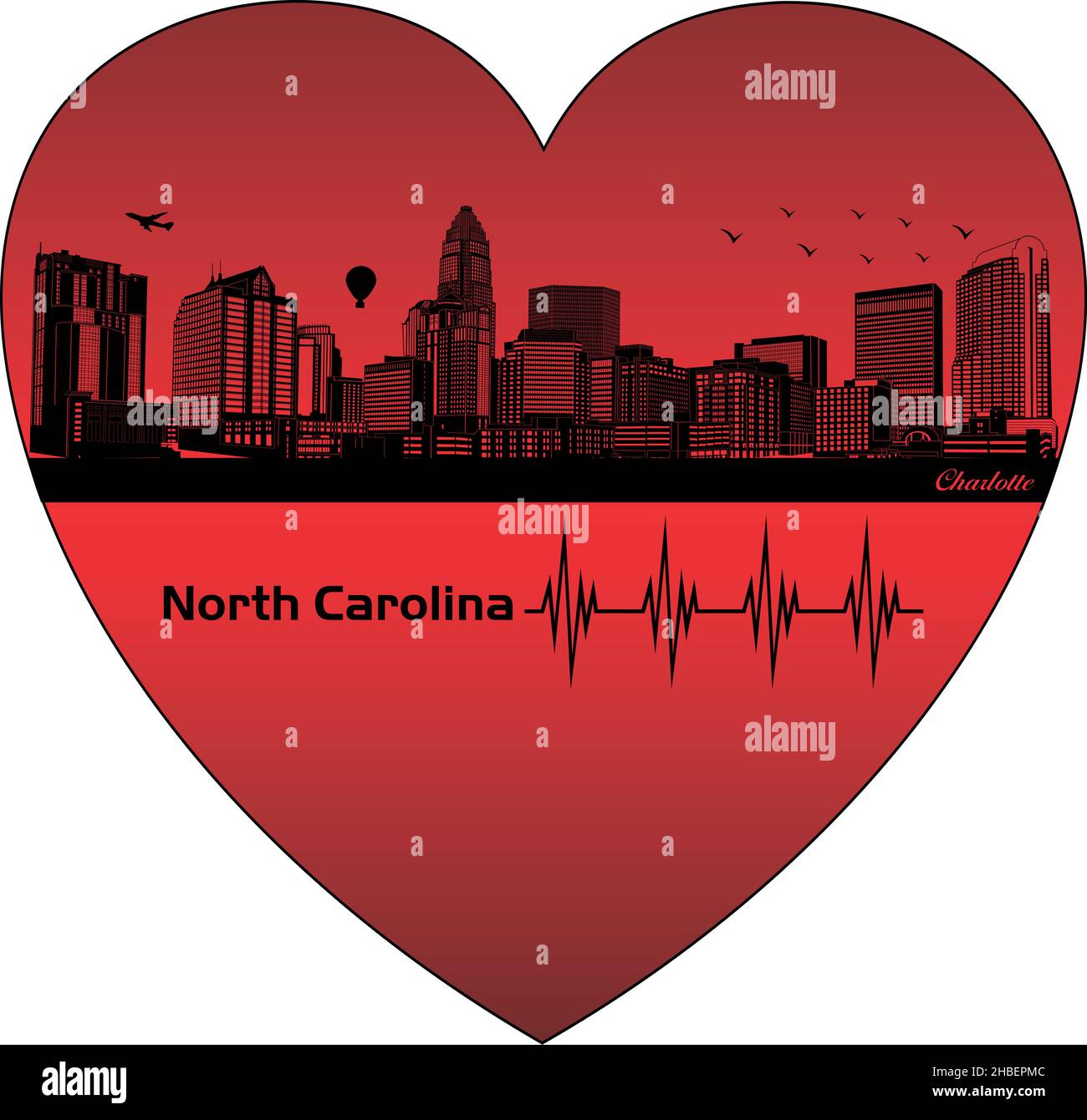 Charlotte in the heart - illustration,  Vector city skyline silhouette,  Charlotte North Carolina Stock Vector