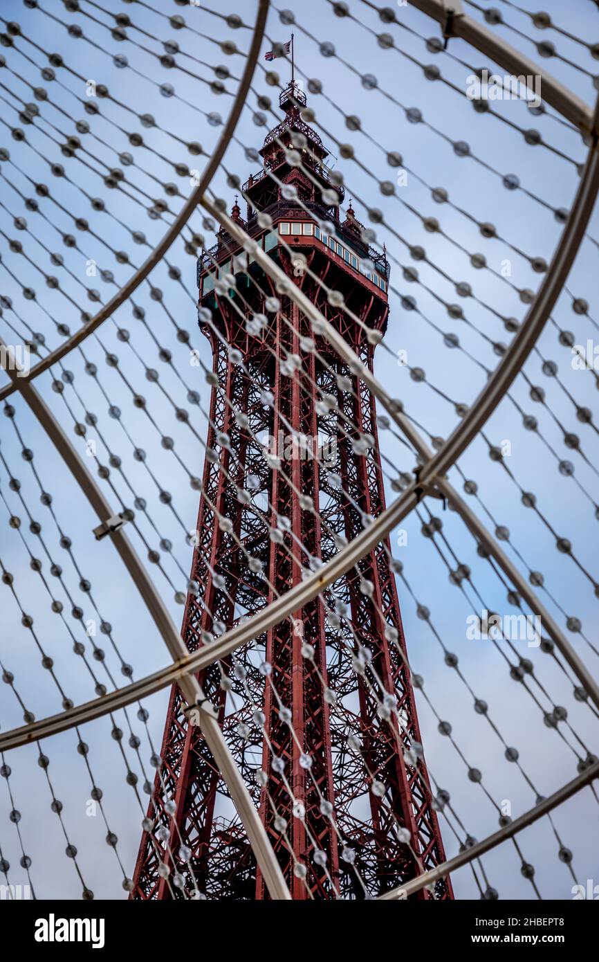 Blackpool Tower through illuminations, Blackpool, Lancashire Stock Photo