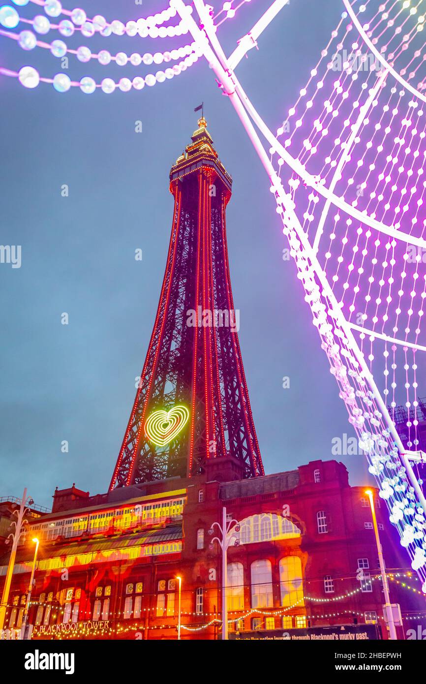 Blackpool Tower through illuminations, Blackpool, Lancashire Stock Photo