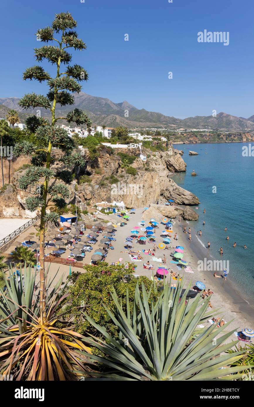 Calahonda beach crowded with bathers seen from the Balcon de Europa.  Nerja, Costa del Sol, Malaga Province, Andalusia, southern Spain. Stock Photo