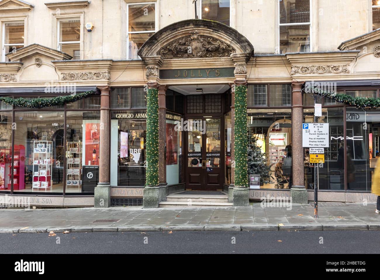 The House of Fraser store Jolly's is one of the oldest department stores in Europe. Decorated for Christmas. Milsom Street, Bath, Somerset, England. Stock Photo