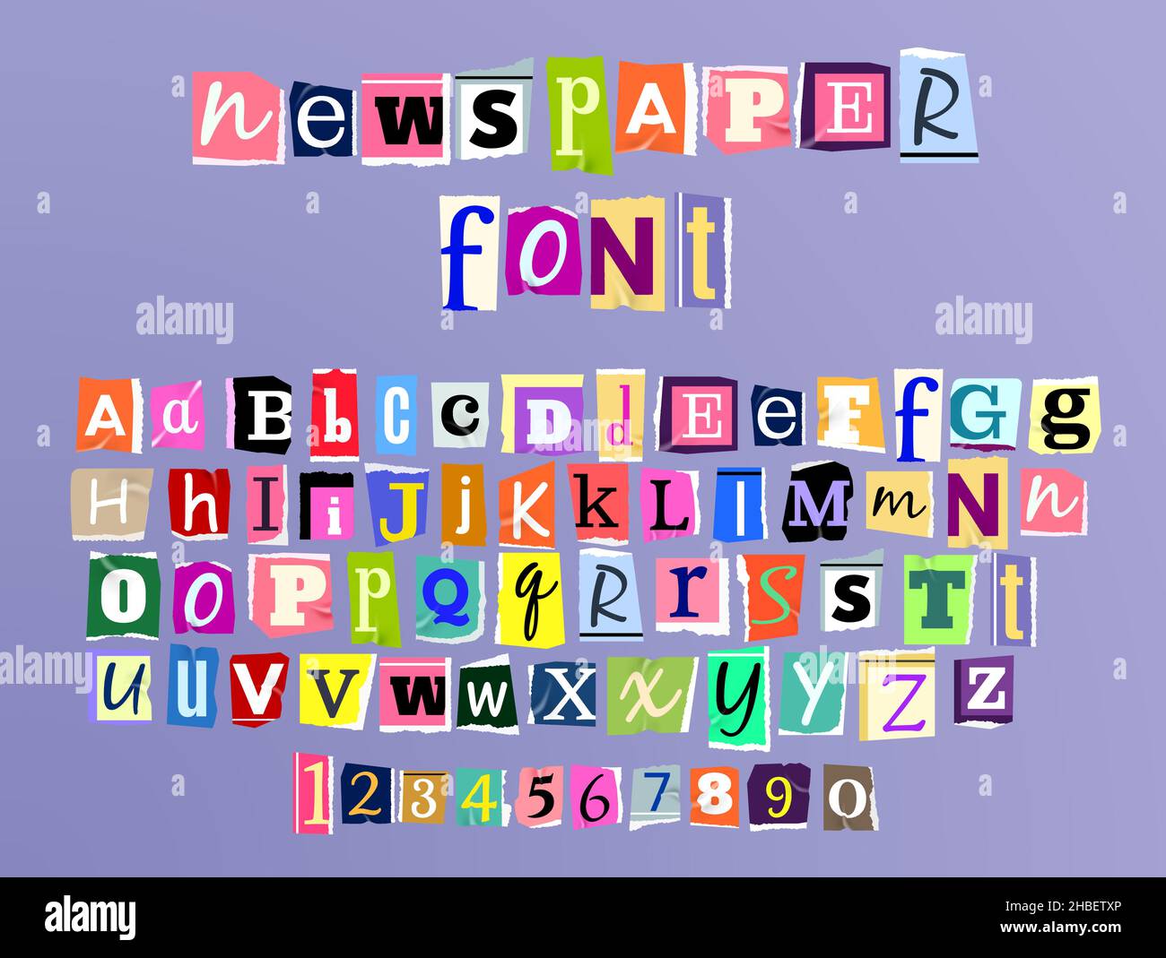 Vector illustration of colorful alphabet with lowercase and uppercase letters and numbers made in newspaper style isolated on purple background Stock Vector
