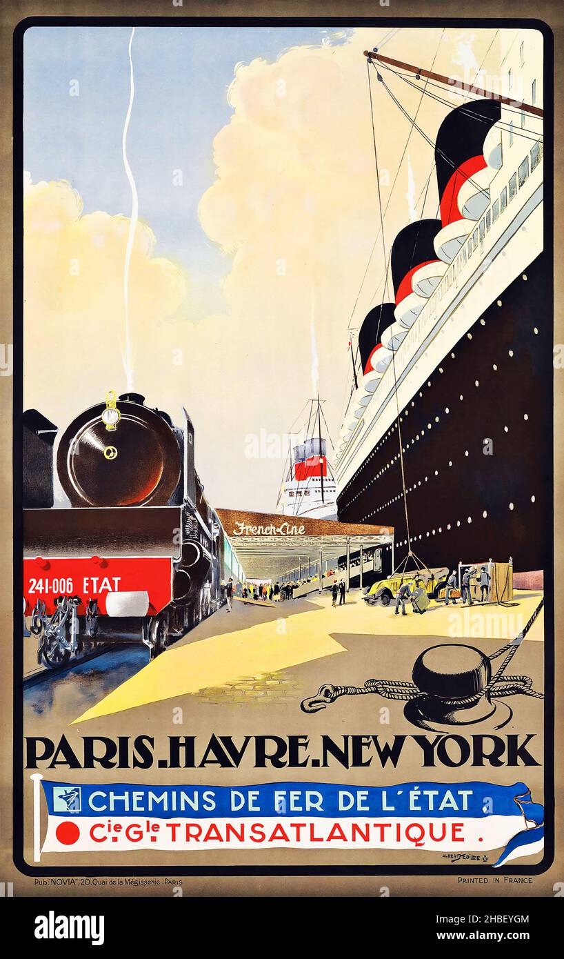 Albert Sebille artwork - French Line Paris. Havre. New York depicts the French Line terminal with a train along side the S.S. Normandie. 1920-1930. Stock Photo