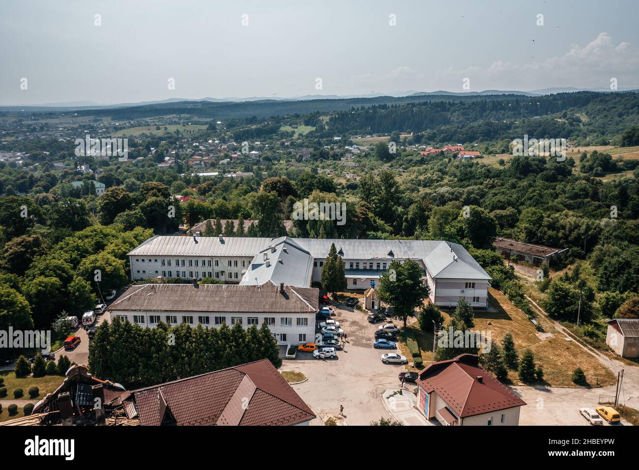 Dolyna city, Ukraine July 13, 2021: Central City Hospital, top view, Stock Photo