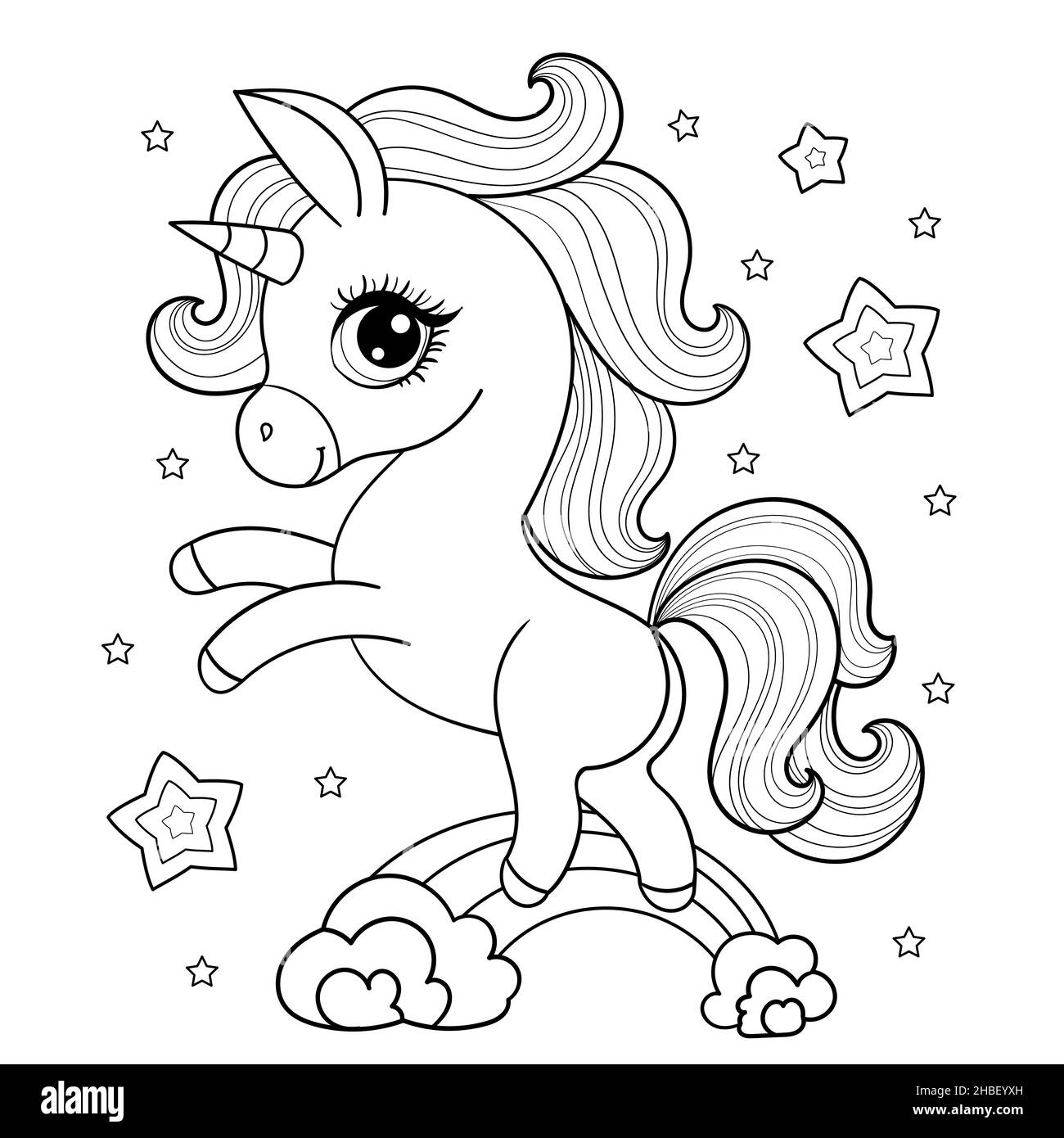Cute little unicorn on the rainbow. Black and white linear drawing. Vector  Stock Vector Image \u0026 Art - Alamy, image size:1300x1390