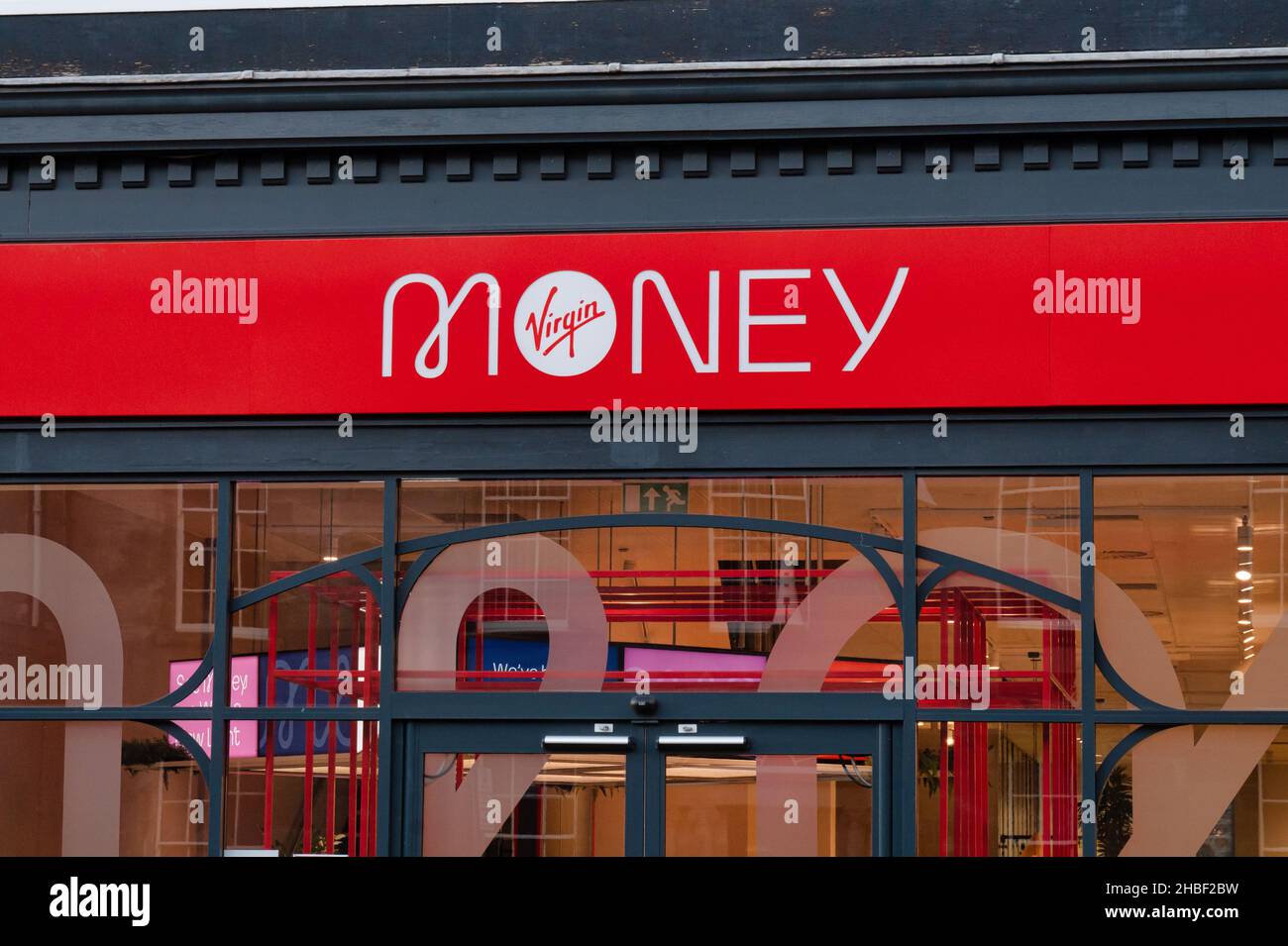 Edinburgh, Scotland- Nov 21, 2021:  The sign for Virgin Money bank  in Edinburgh. Stock Photo