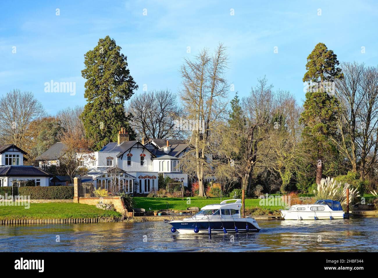 Elegant riverside house by the River Thames at Shepperton on a sunny