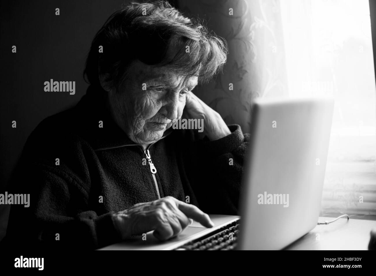 An old woman studying on the computer in her home. Black and white photo. Stock Photo