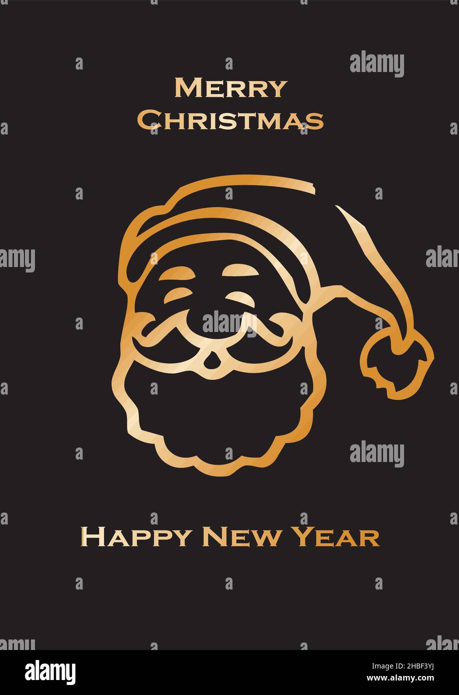 winter santa icon in gradient golden on black. Merry Christmas and happy New Year card. Stock Vector