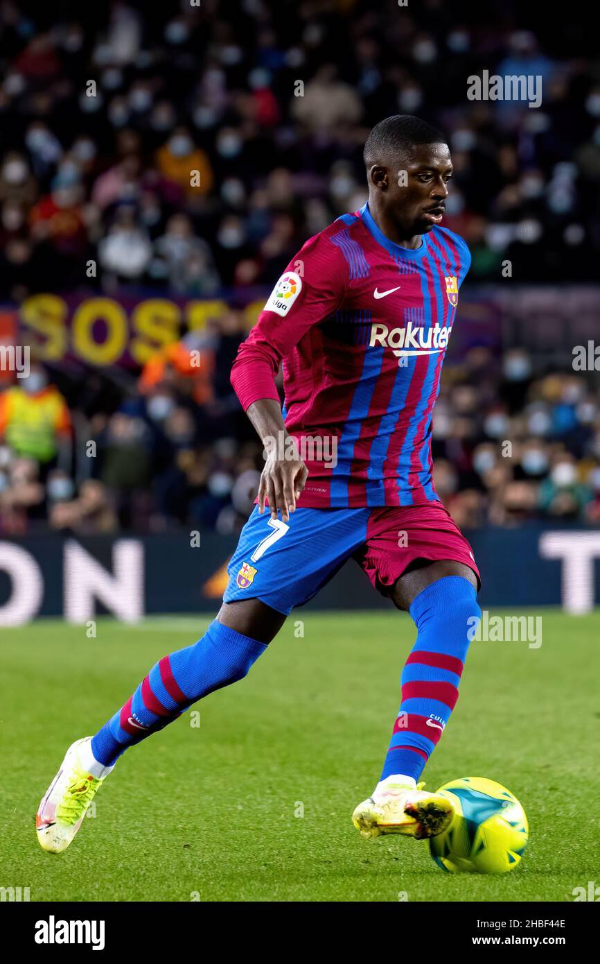 BARCELONA - DEC 4: Dembele in action during the La Liga match between FC Barcelona and Real Betis Balompie at the Camp Nou Stadium on December 4, 2021 Stock Photo