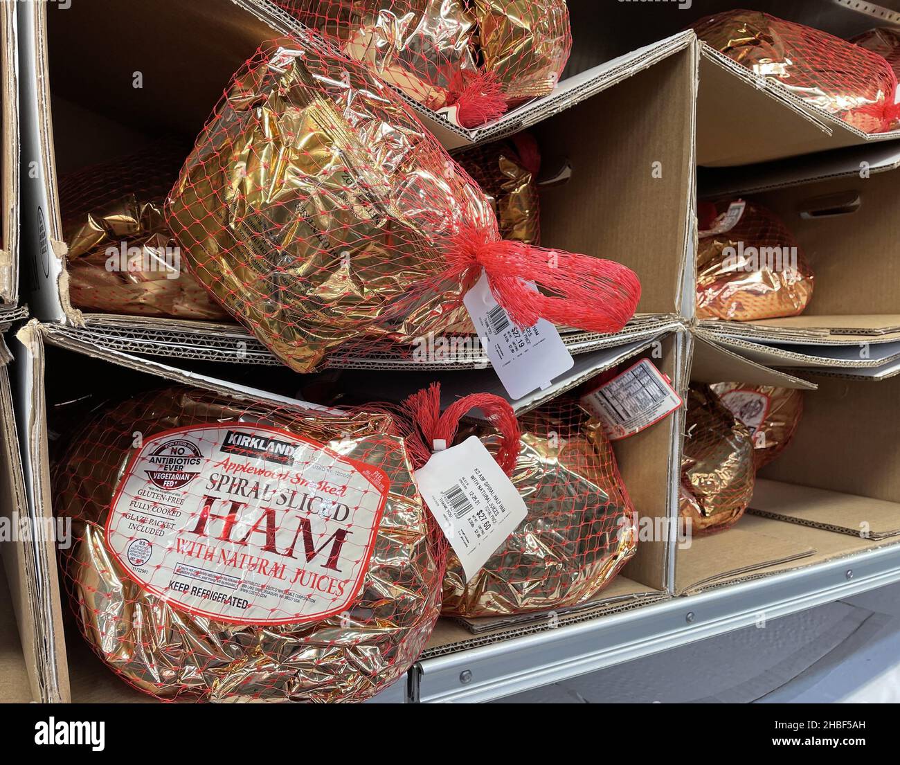 FRESNO, UNITED STATES - Nov 16, 2021: A Close up of Costco Store Ham for the Holidays wrapped on shelves Stock Photo