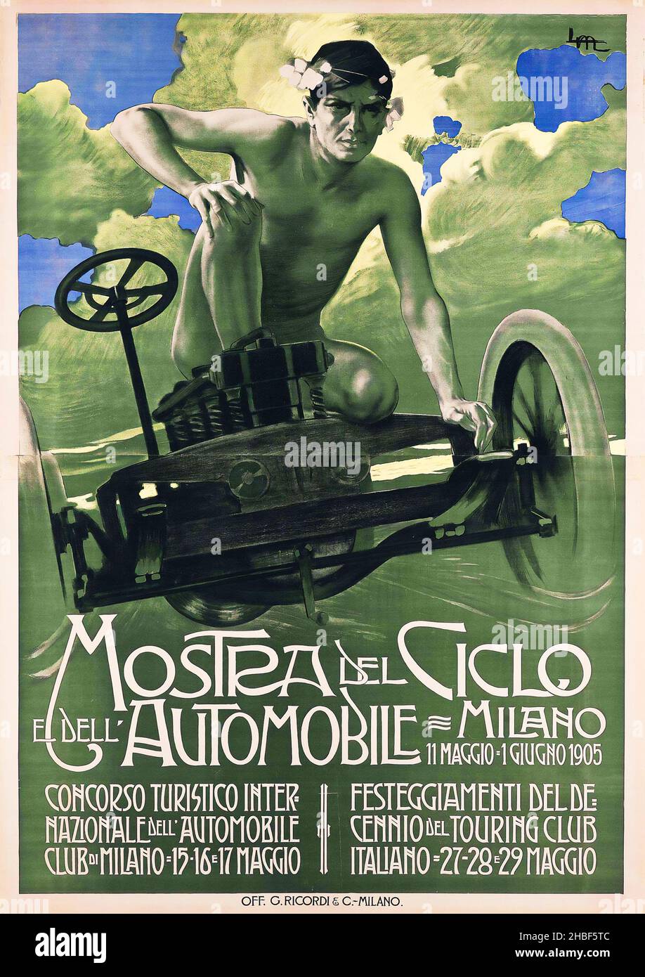Vintage car poster / motor poster - Leopoldo Metlicovitz (1868-1944) MOSTRA DEL CICLO E DELL' AUTOMOBILE, Milano, Italy 1905 Stock Photo