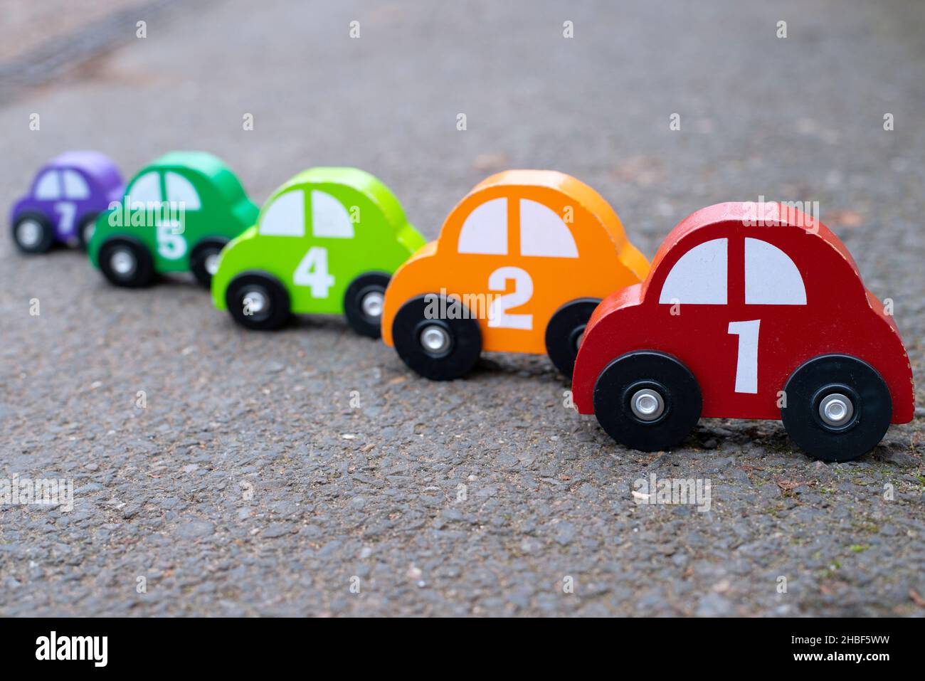 Children's wooden car toys with numbers Stock Photo Alamy