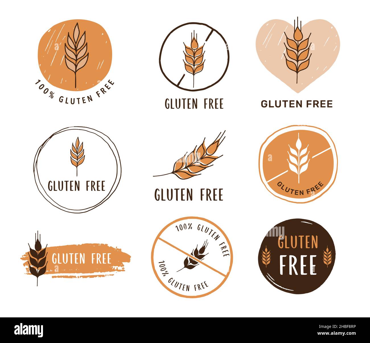 Gluten free, hand drawn icons, stickers, illustrations Stock Vector