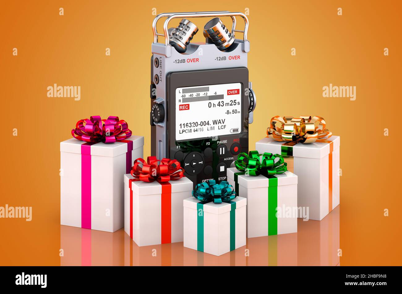 Dictaphone, voice recorder with gifts, 3D rendering isolated on orange
