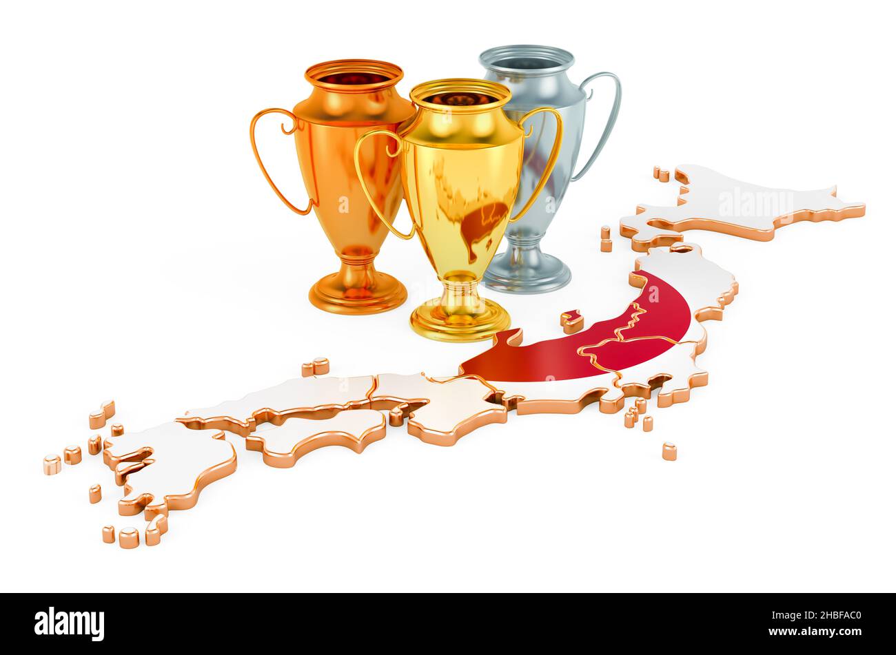 Trophy Cups on Japanese map. Sport Tournaments in Japan, concept. 3D rendering isolated on white background Stock Photo