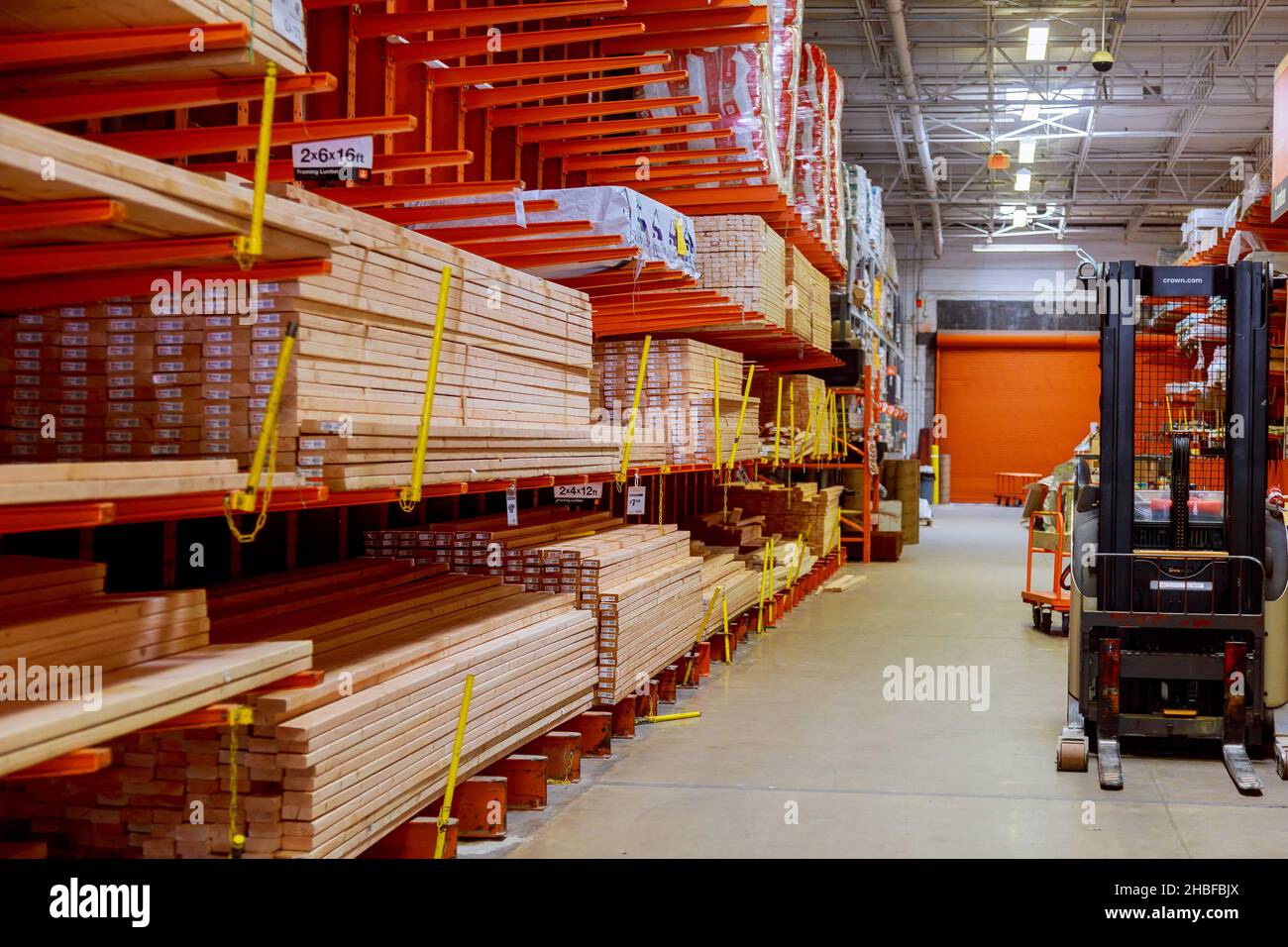 Lumber section of Home Depot store Stock Photo