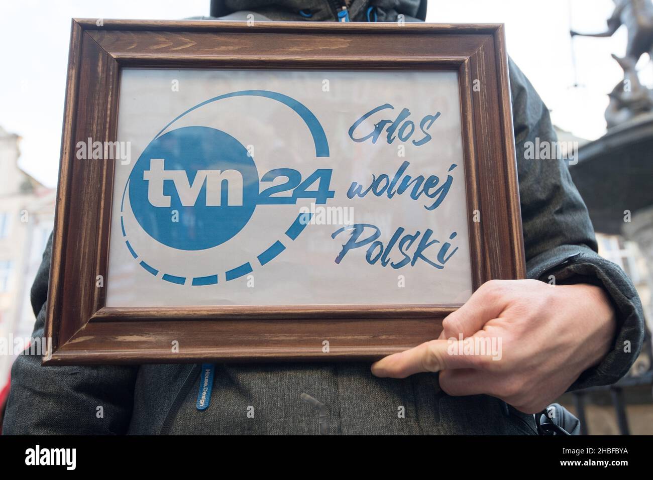 Protest against the so called Lex TVN law and in defense of free media, especially independent US-owned TVN and TVN24 in Gdansk, Poland. December 18th Stock Photo