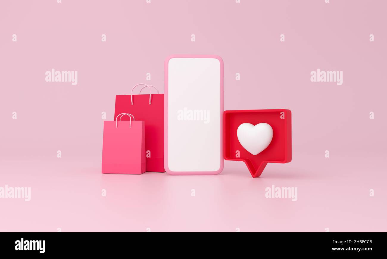 Shopping bags with Smartphone and Icon like heart on pink background ...