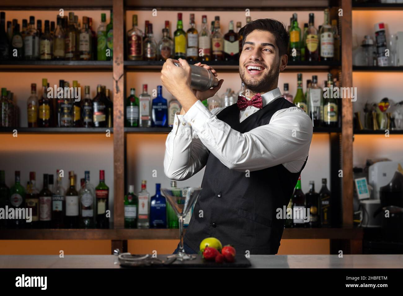 Bartender Using Shaker Making Cocktail Standing at Bar Counter Indoor Stock  Photo - Image of machine, adult: 174551898