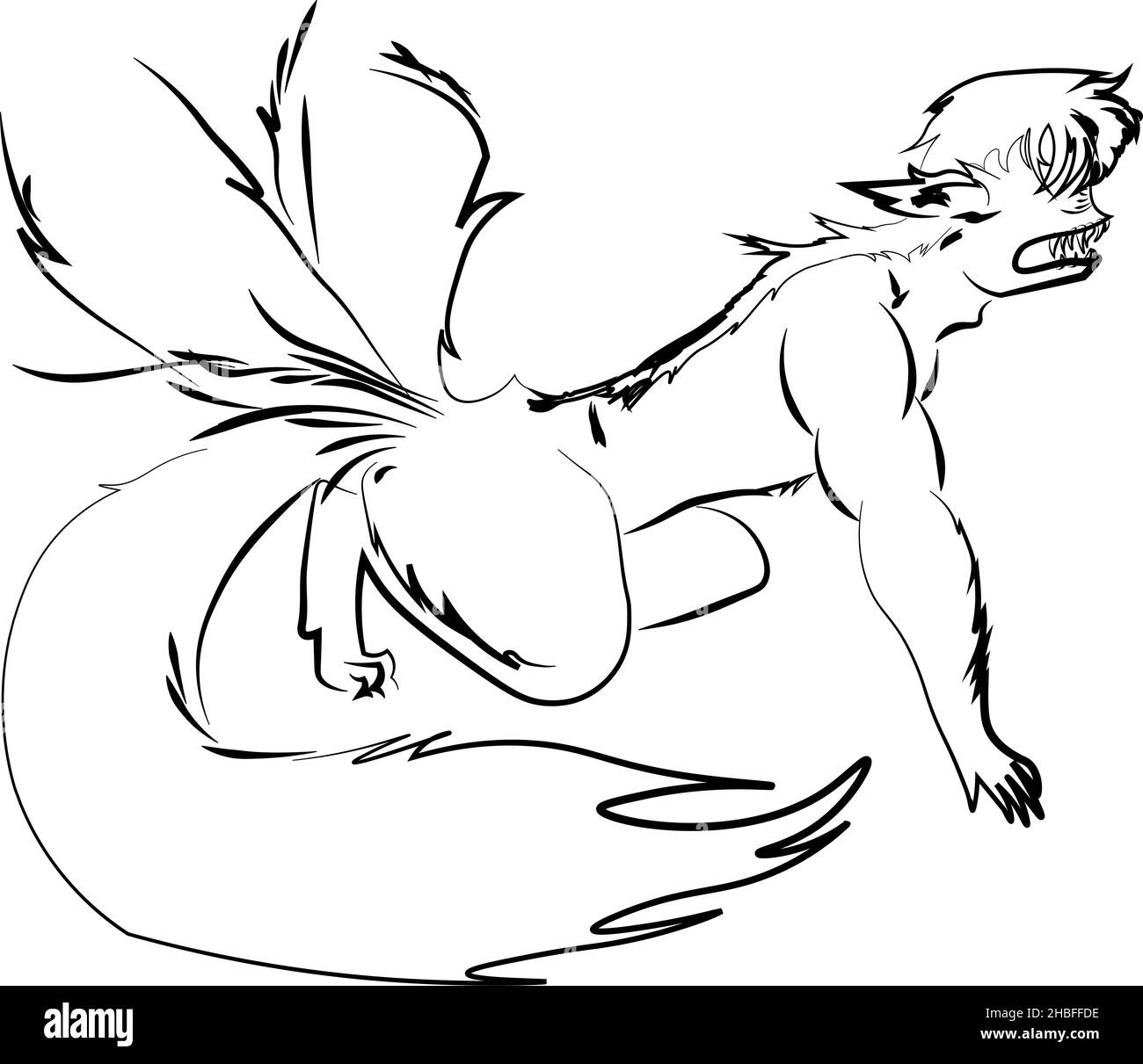 Illustrative Concept of a Werefox with several tail, No Color Stock Photo