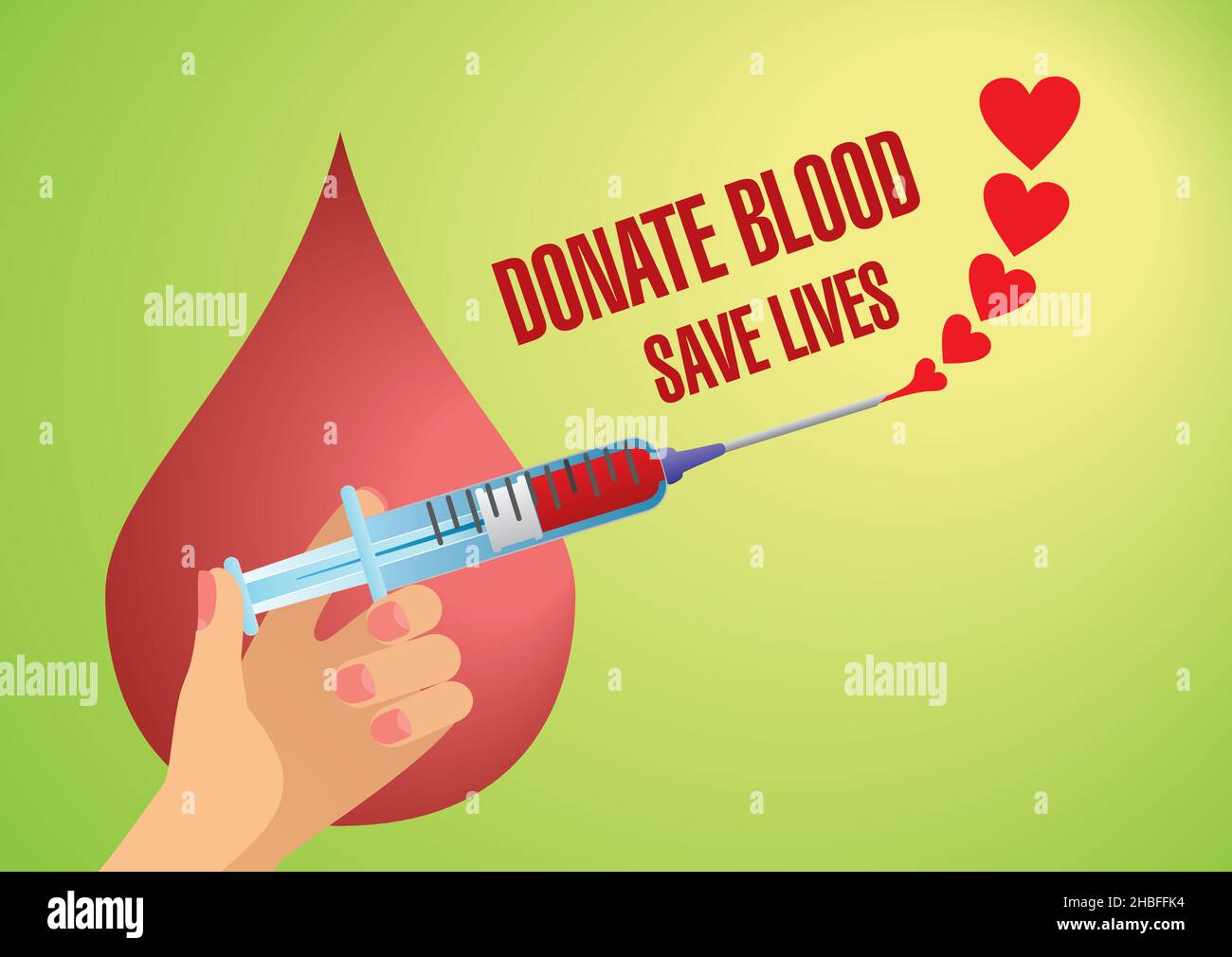 Donate blood, save lives. Drop, hand with syringe and hearts coming through needle. Vector illustration. EPS10. Stock Vector