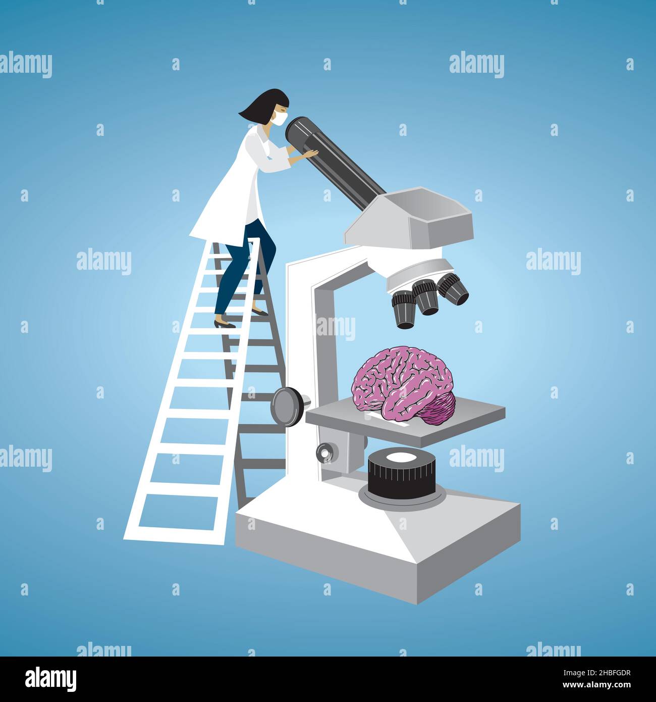 Researcher, student analyzing brain in microscope. Vector illustration. EPS10. Stock Vector