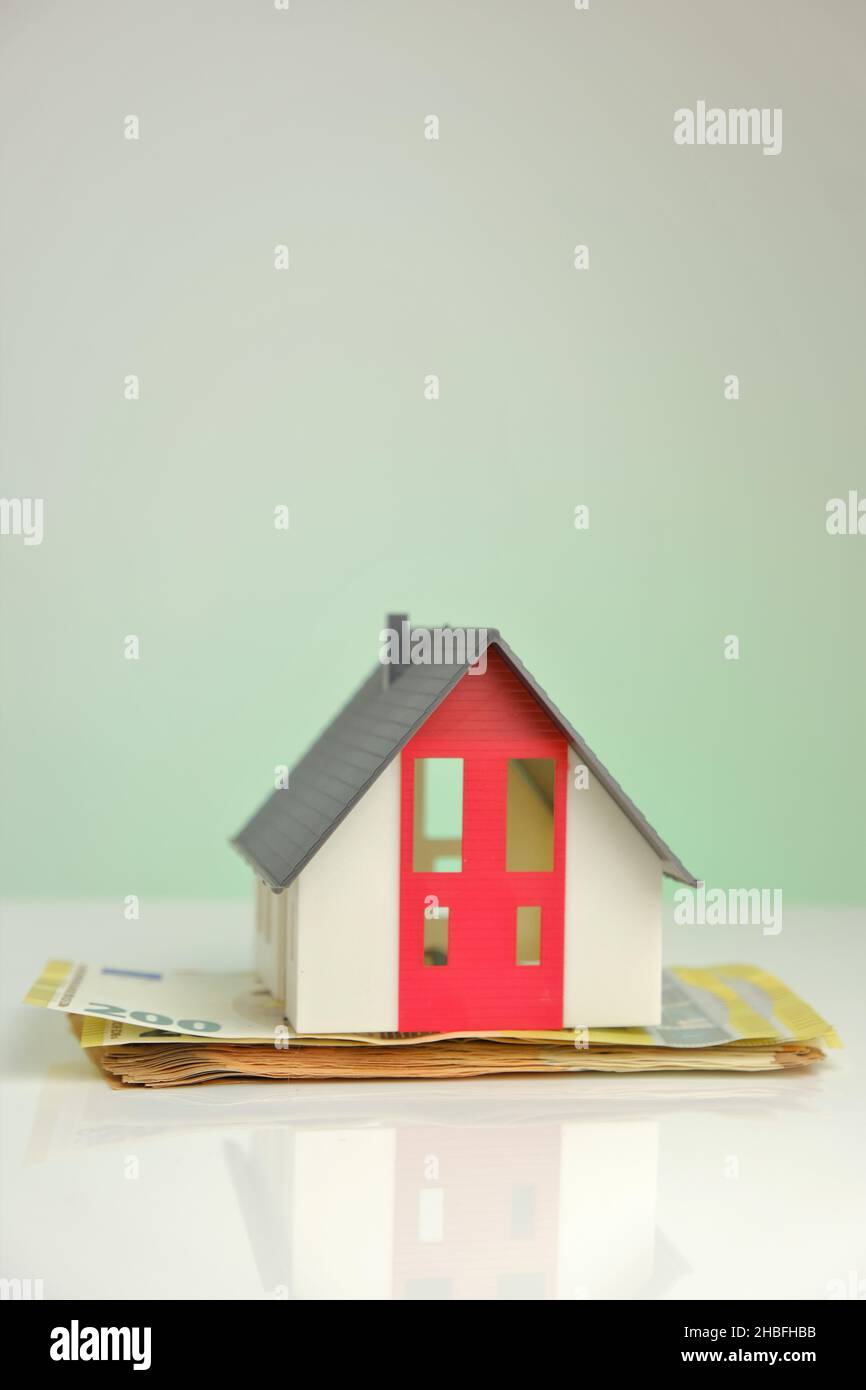 Buying and building a house.House and money. Mock house with gray roof on euro banknotes  Stock Photo