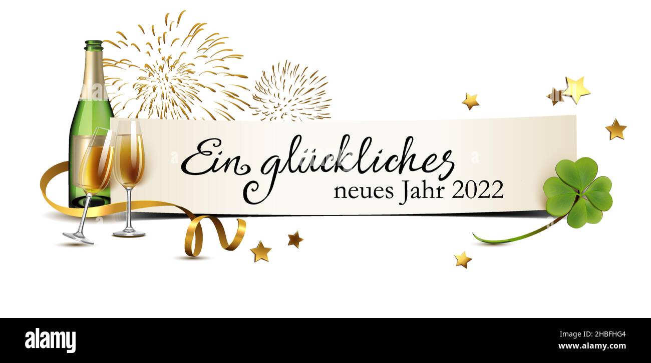 Ein glückliches neues Jahr 2022 - German New Year's greeting card with champaign bottle, fireworks and golden ribbons Stock Vector