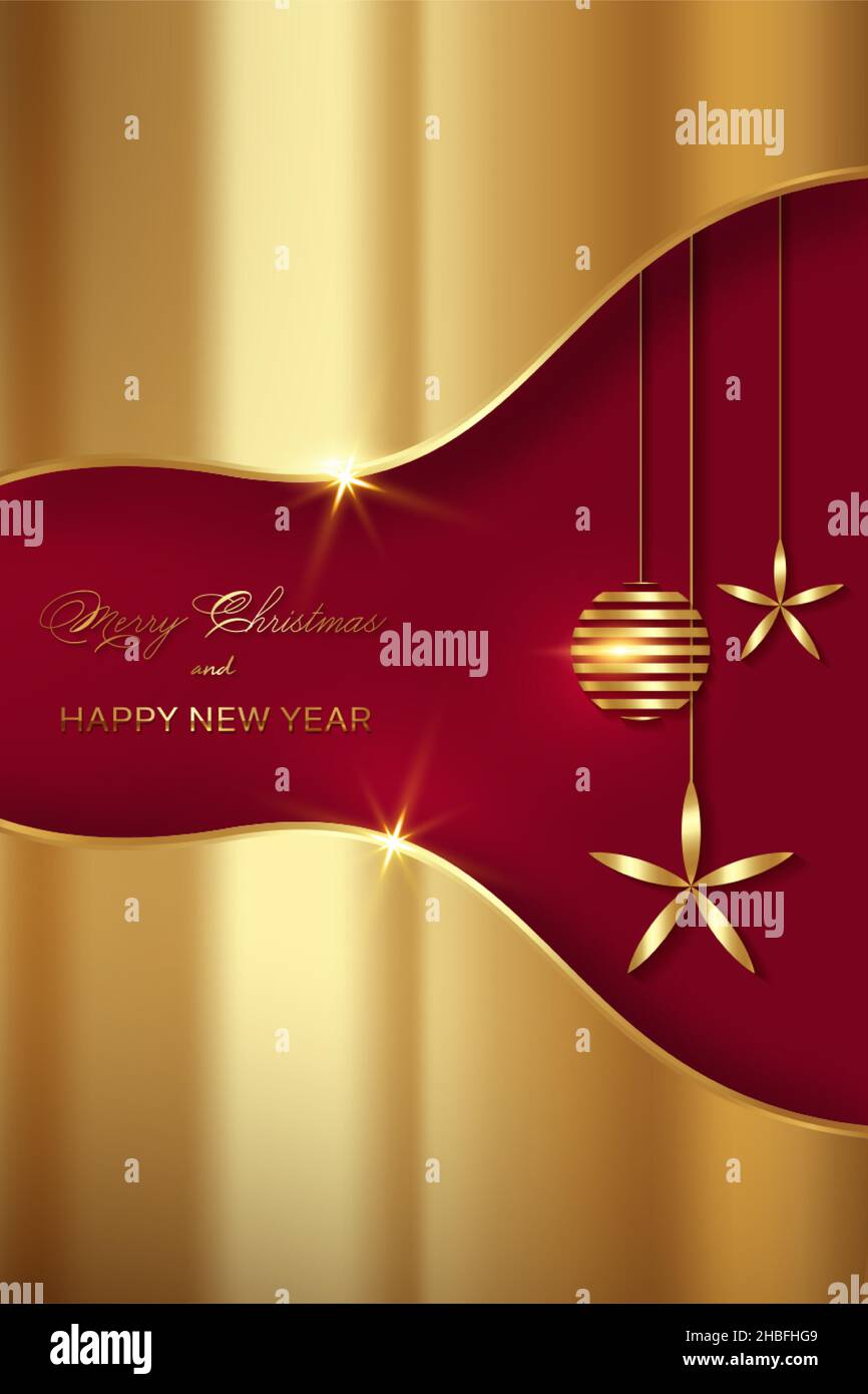 Christmas luxury holiday banner with gold handwritten Merry Christmas and Happy New Year greetings and golden Christmas balls. Vector illustration on Stock Vector