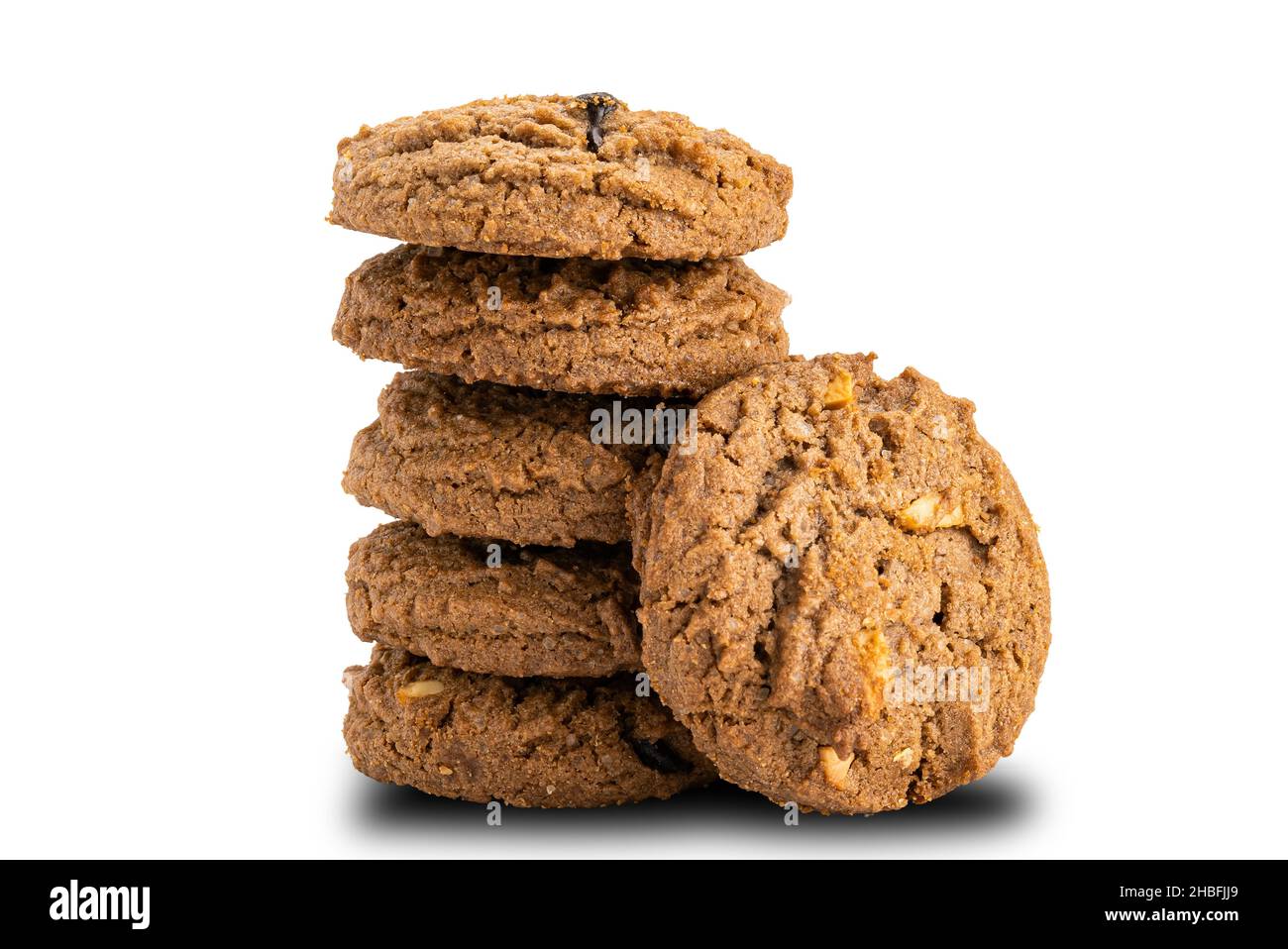 Tower of delicious chocolate chip butter cookies isolated on white background with clipping path. Stock Photo