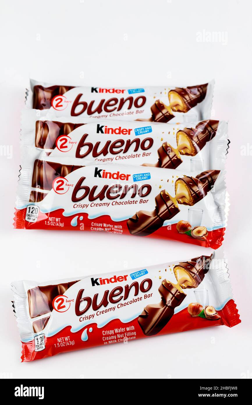 May 4, 2021. New York. Kinder bueno wafer chocolate bars on white background. Stock Photo