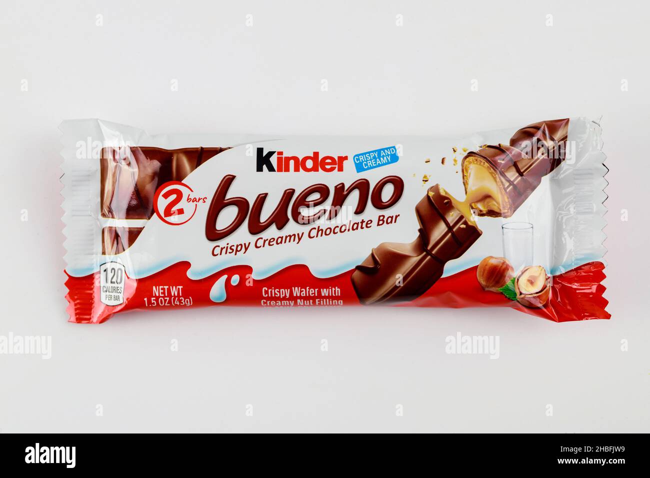 May 4, 2021. New York. Kinder bueno wafer chocolate bar on white background. Stock Photo