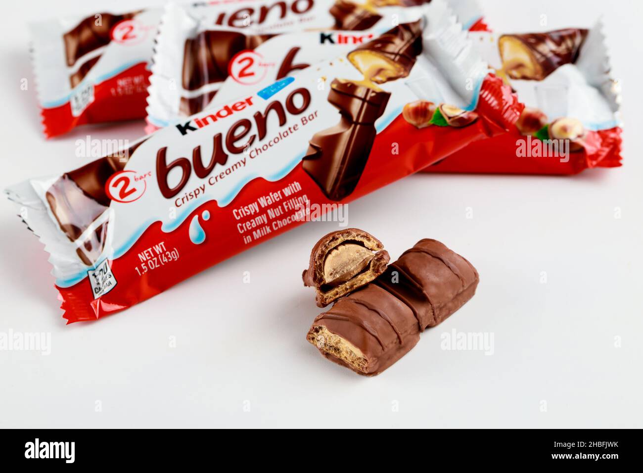 May 4, 2021. New York. Pieces of Kinder Bueno crispy milk chocolate bar. Stock Photo